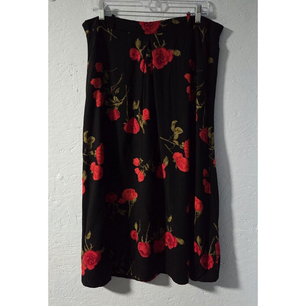 Vintage 80s Connections Black & Red Rose Print Skirt - XL